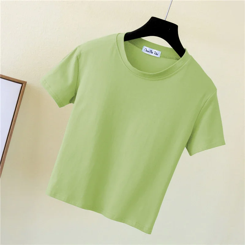 

Yellow Crop Top T-Shirt Female Solid Cotton O-Neck Short Sleeve T-shirts for Women High Waist Slim Short Sport Femme T-Shirt