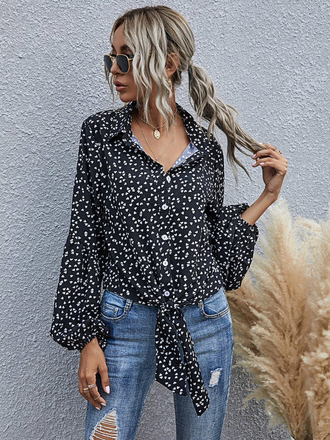 

2020 Spring Autumn Love Heart Print Shirts Women Bandage Tops Blouses Fashion Casual Blusas Female Single Breasted