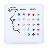 24pcs solid sterling silver nose rings studs pin for women men 3mm mix color round czech crystal 22g nose body piercing jewelry