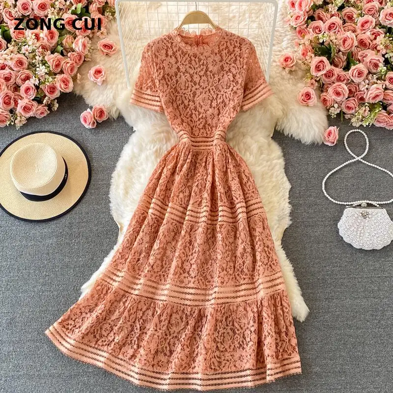 

Elegant lace dress women's o-neck short sleeve collect waist Green MIDI dress new high quality Party Gown Vestidos Plus Size