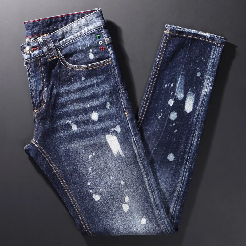 

Street Style Fashion Men Jeans Retro Blue Elastic Slim Fit Ripped Jeans Men Splashed Designer Hip Hop Denim Punk Pants
