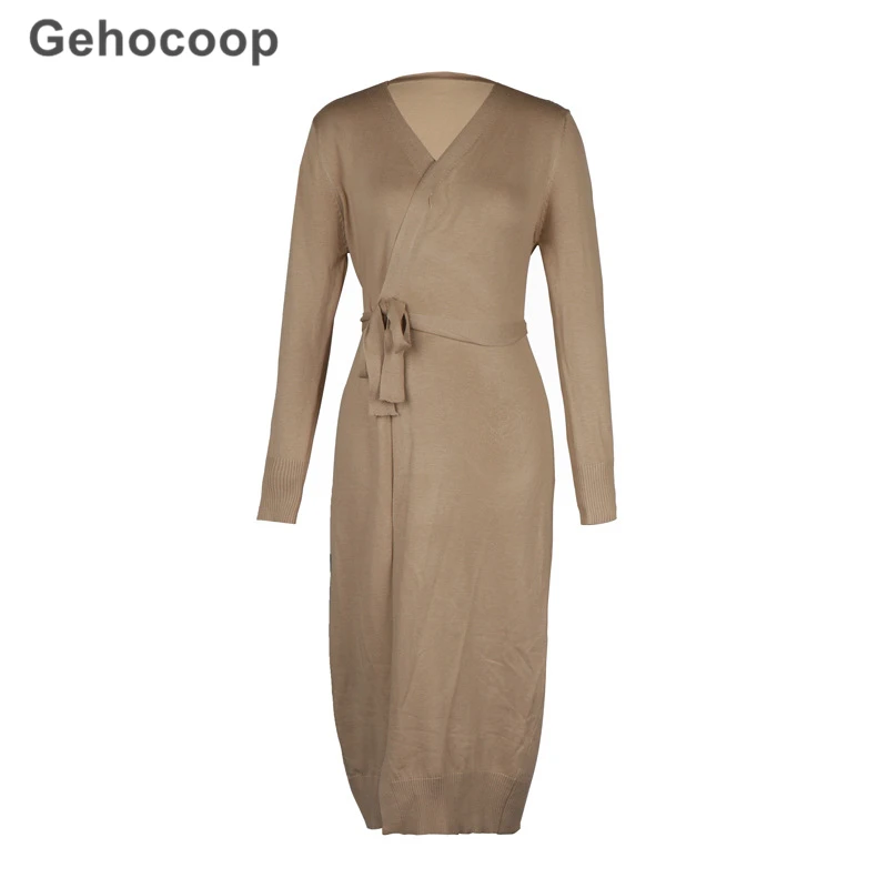 

Women's Dress Full Sleeve Autumn Winter V-neck Elegant Split Knee Bandage Knitted Dresses Bodycon Skinny Ladies Midi Party Dress