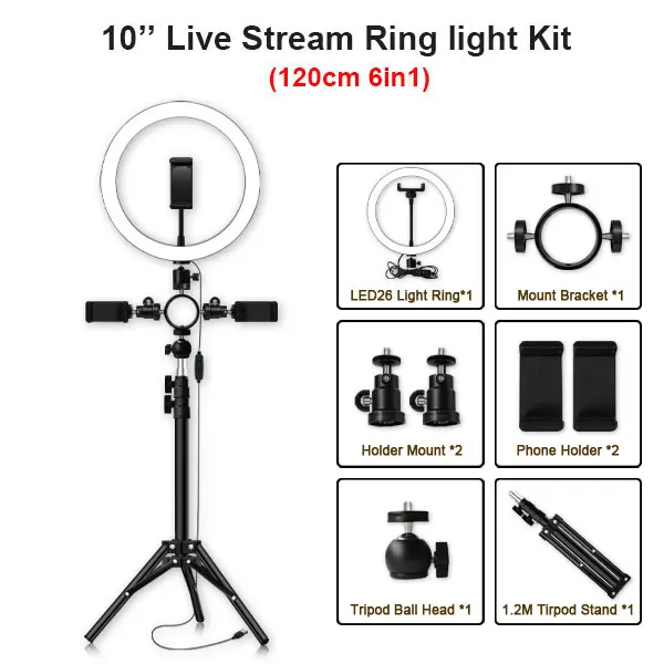10inch type 120cm 10 дюймов, 26 см, USB интерфейс, затемненный светодиодный кольцевой светильник для селфи, камера, телефон, фотография, видео, макияж, лампа с штативом, зажим для телефона - Цвет: 10inch type 120cm