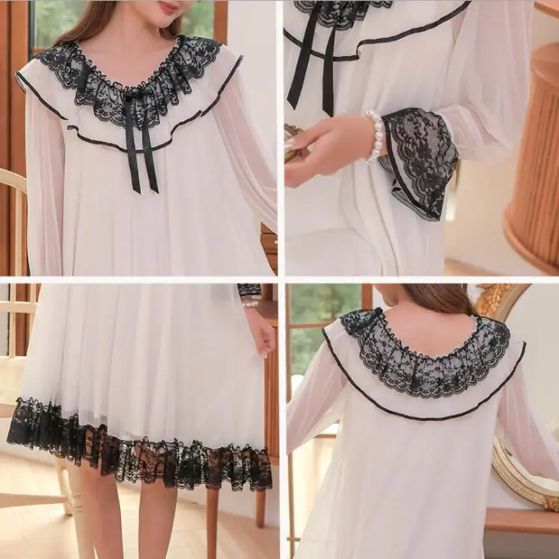 

Women Knee-Length Vintage Nightgown Spring Full Sleeves Princess Modal Sleepdress Sexy Ruffles Deco V-Neck Night Dress For Girls