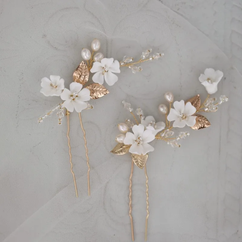 

Gold Leaf Hair Pins Bridal Clips Porcelain Flower Wedding Headpiece Handmade Women Hair Accessories Pearls Jewelry