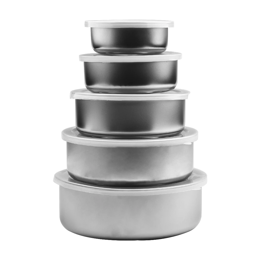 

5pcs 10/12/14/16/18cm Mixing Stainless Steel Food Storage Bowls Fresh-keeping Boxes With 5 Lids Set Tableware Kitchen Tools