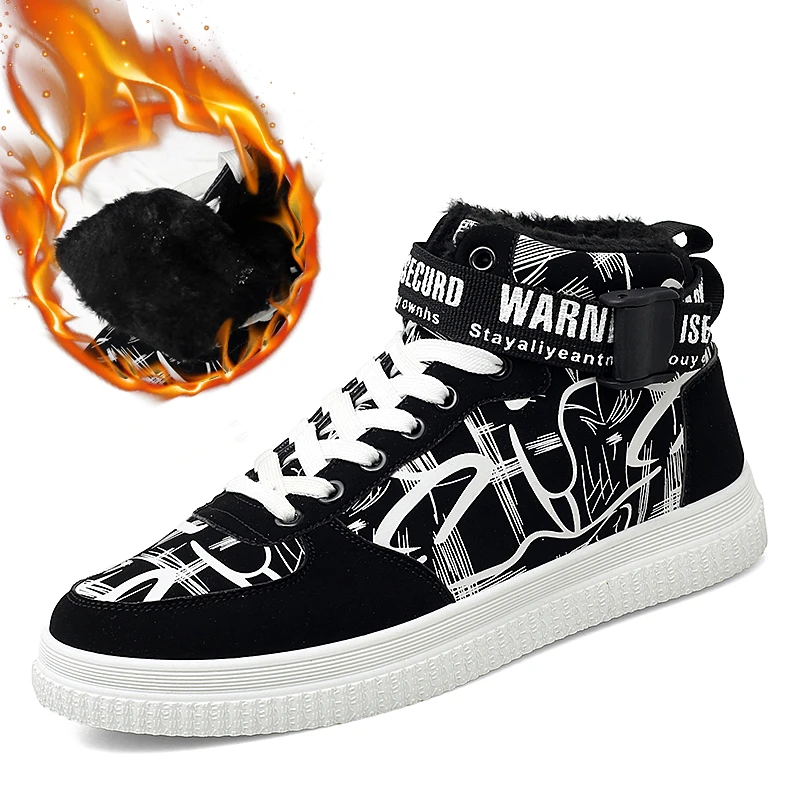 

Winter Fur Men's Vulcanize Shoe Chaussure Homme Graffiti Canvas Flat Men Black Unisex Casual Shoes Male Boots Zapatillas Hombre