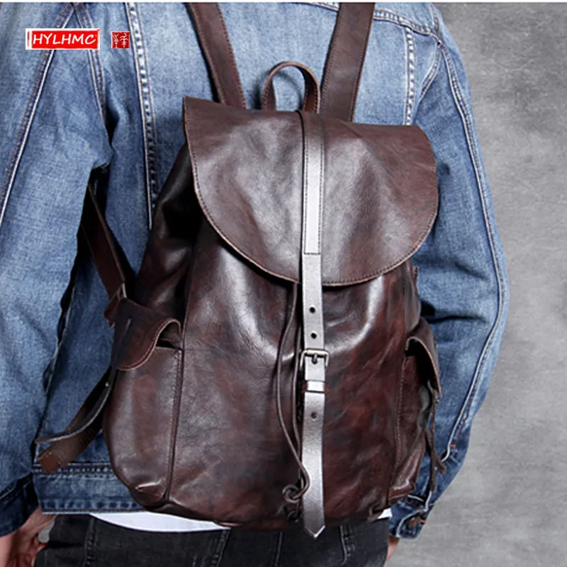 

Genuine Leather Men Backpack Large Capacity Shoulder Laptop Bag Male Travel Backpacks Retro Vegetable Tanned Leather Bags