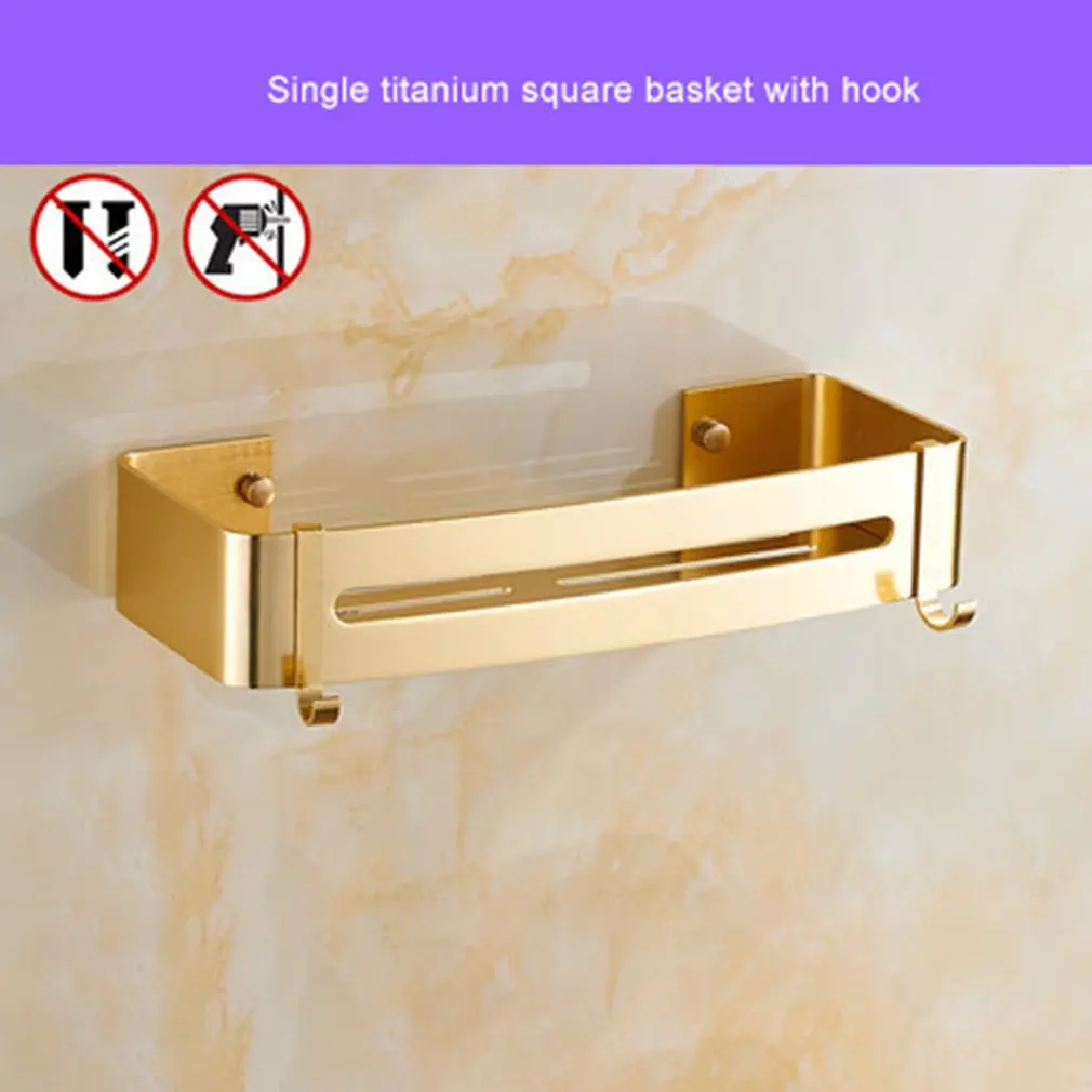 Punching Free Bathroom Rack Space Aluminum Single Deck Triangle Square Basket Shelf Shampoo Storage Organizer with hooks |