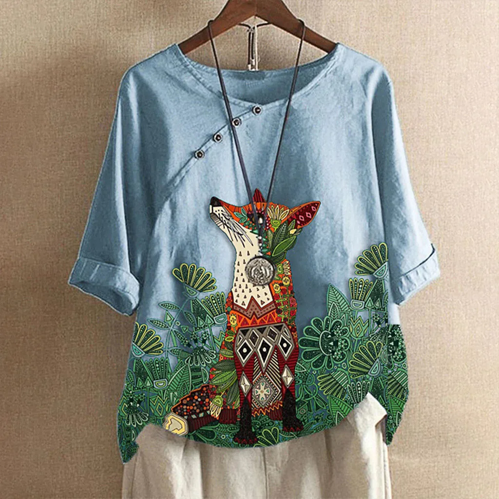 Блузка женская с принтом лисы свободная однобортная Повседневная льняная