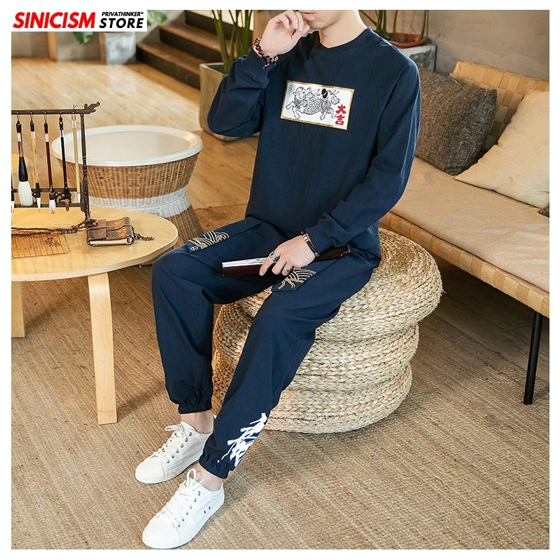 

Sinicism Store Linen Spring Tracksuit Men 2020 Men Loose Printed Suit Sets Male Casual Pants Chinese Style Oversize Black TShirt