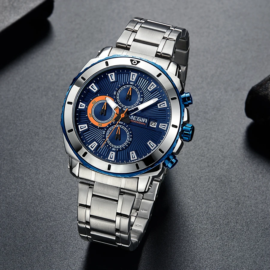 MEGIR Chronograph Quartz Mens Watches Luxury Brand Stainless Steel Business Wrist Men Clock Time Relogio Masculino | Наручные часы