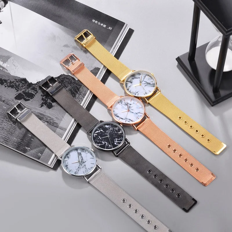 Розовое золото сетчатый ремешок креативные мраморные женские наручные часы