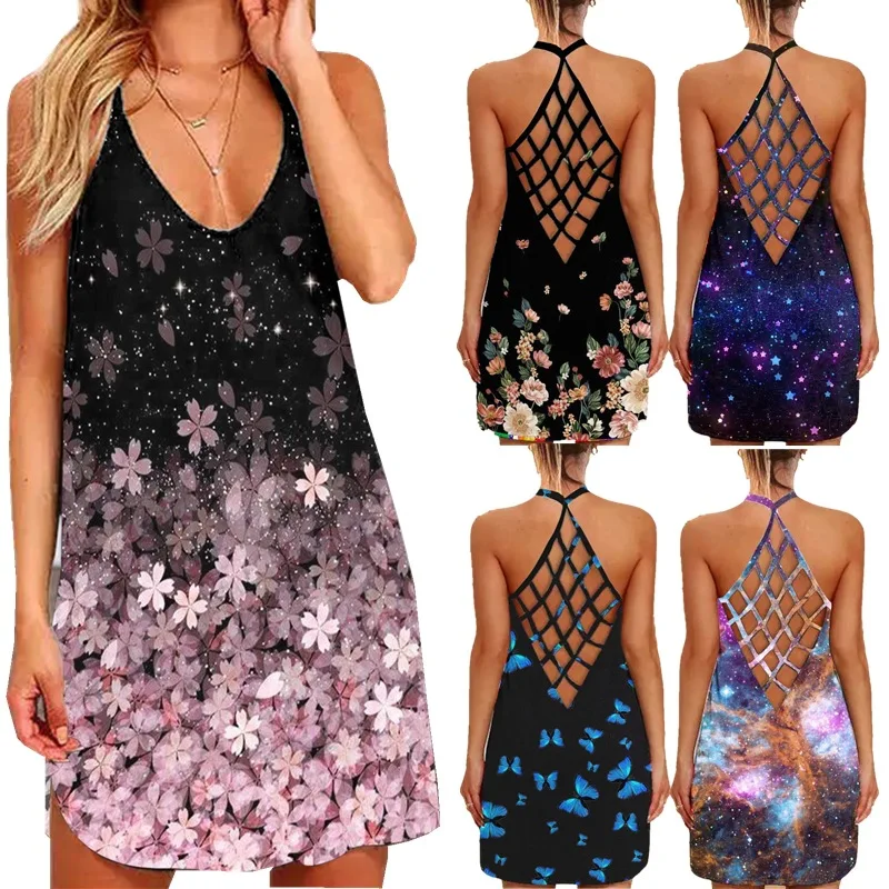 

Summer Dress Backless V-Neck Loose Print Sling Sleeveless Grid Hollow Out Tank Floral Butterfly Print Women Sexy Beach Dresses