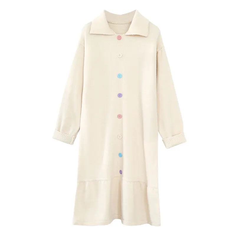 

Sweet Cute Button Knited Women Dresses Turn-down Collar Long Loose Ruffles Knee-length Lady Elegant Dresses Top Quality