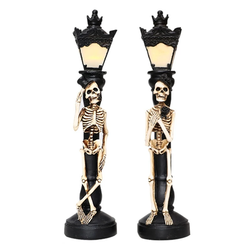

2Pcs Halloween Skull Skeleton Candle Holder LED Light Vintage Villages Miniature Ghost Street Lamp Home Party Decoration