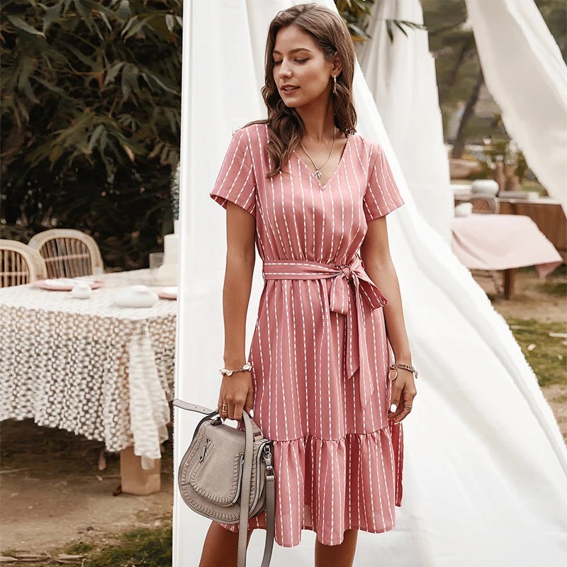 

Summer Casual Short Sleeve Striped Dress with Sashes a Line Women V-Neck Ruffles High Waist Knee-Length Dress 2021 New