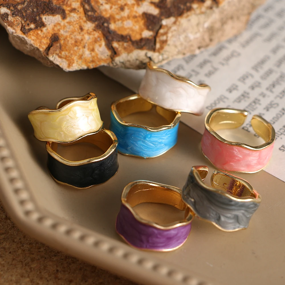 

IFME Vintage Geometric Wave Enamel Drip Glaze Rings For Women Korean Handmade Purple Open Ring Jewelry Travel Gifts
