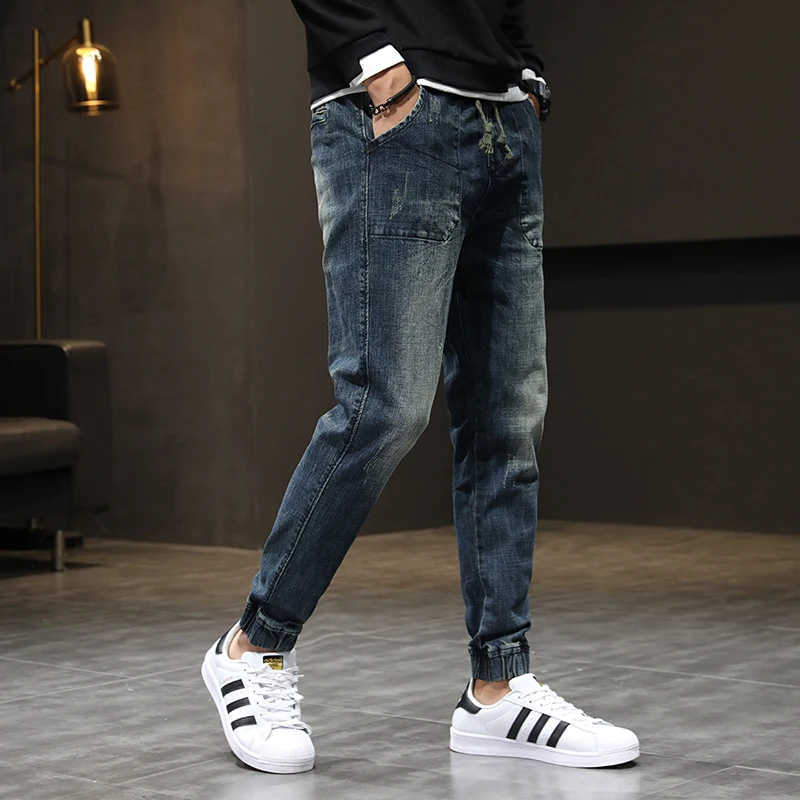Мужские зауженные джинсы на шнуровке синие повседневные брюки-султанки с