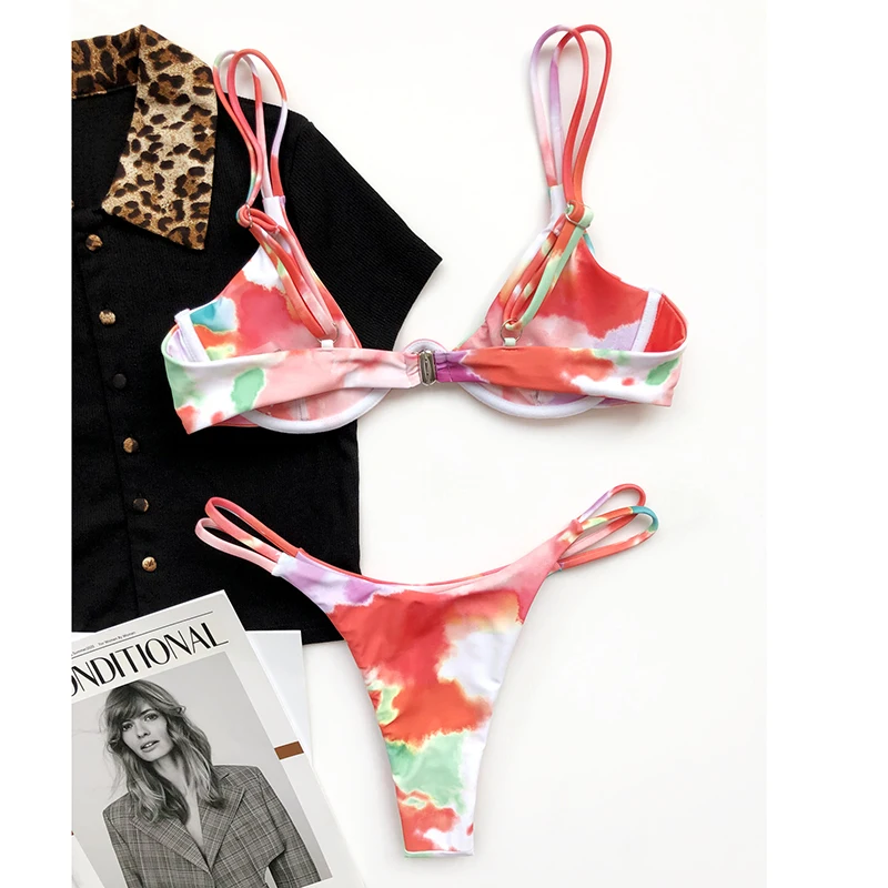 

Sexy Brazilian Thong Bikini Set Two Piece Split Swimsuit Tie Dye Printed Swimwear Beach Wear Women Underwire V Bar Bahting Suit