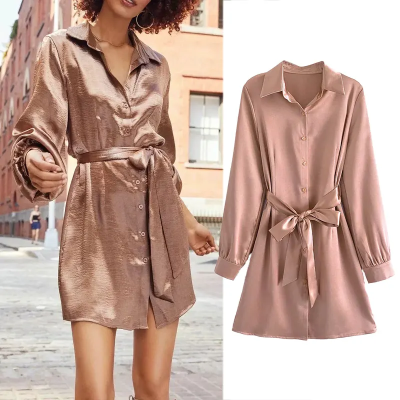 

Za Dress Women 2021 Autumn Fashion Solid color Shirt Mini Dress Woman Casual Long Sleeve With Belt Female Party Dresses Vestidos