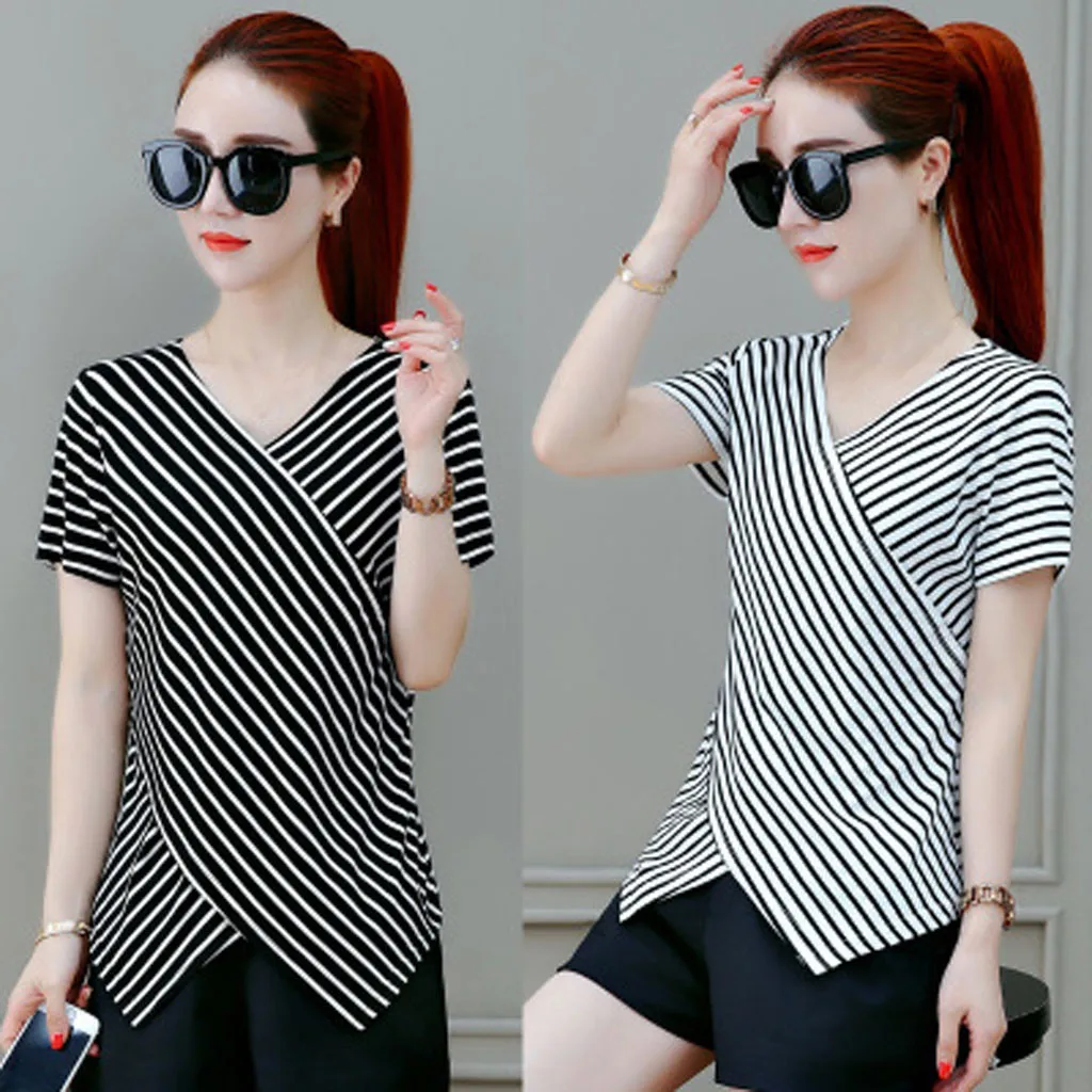 

Women's Short Sleeve Striped V-neck Irregular Top Fashion Ladies Shirt 2021 Summer New Loose Casual T-shirts