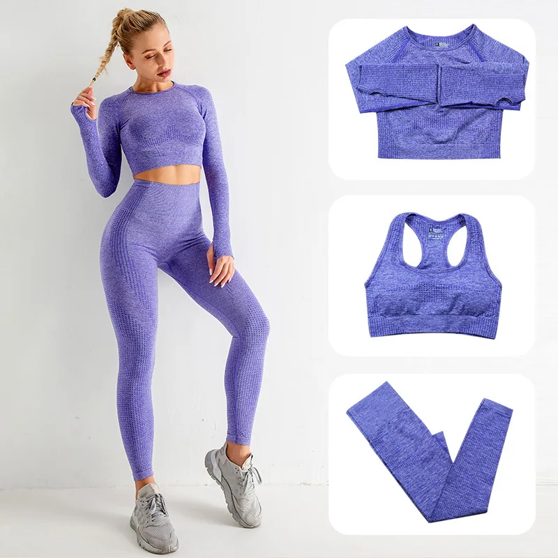 

Women's Tracksuit High Waist Yoga Leggings Long Sleeve Top Sports Bra 3pcs Sportswear Running Sportswear Fitness Set Outfits
