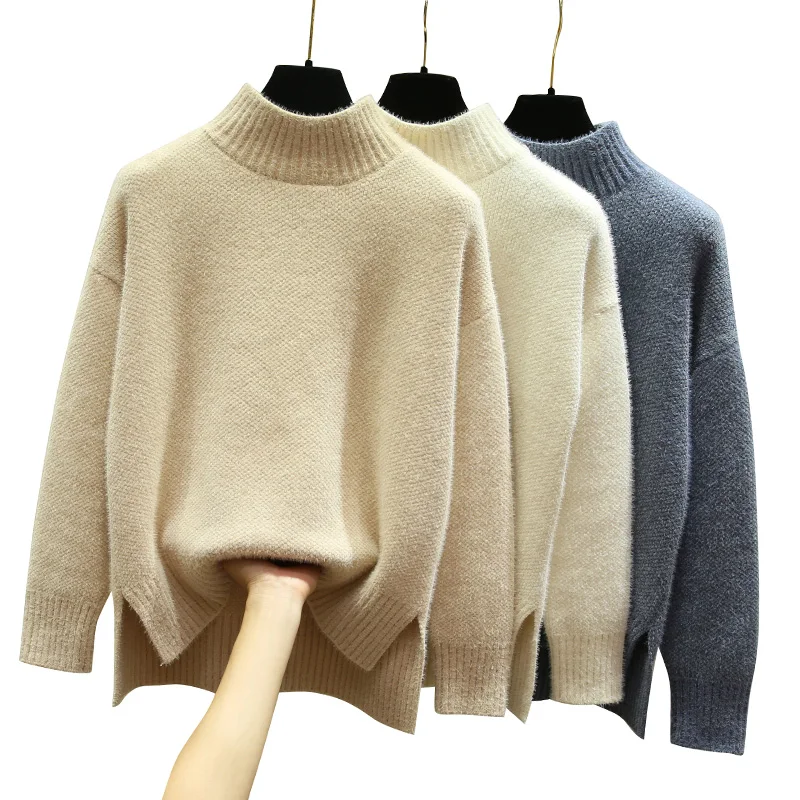 Однотонный женский свитер с высоким воротом свободный плотный теплый элегантный