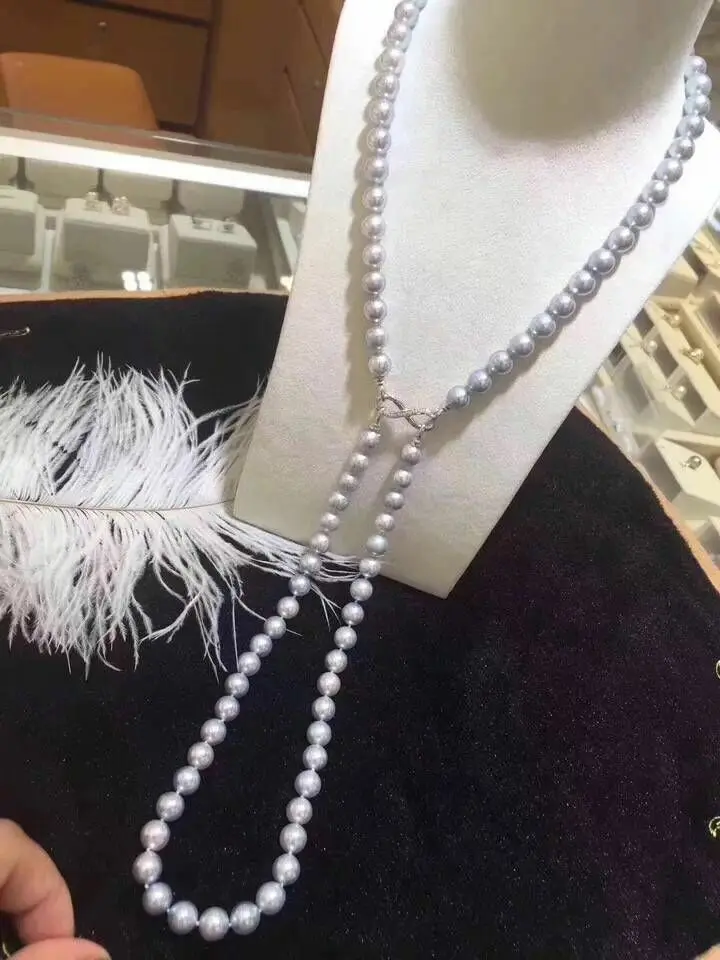 ?? ナチュラル二ストランド9-10ミリメートル南洋ライトグレー真珠necklace43-46cm