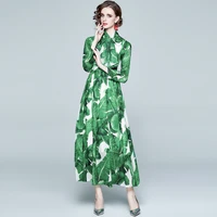 2021 runway womens scarf long sleeve summer maxi chiffon dresses fashion forest leaves print holiday green dresses have lining