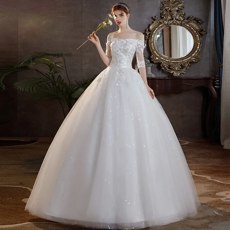 

Long Sleeved Lace Trim Slim Tailed Wedding Dress Light Wedding Dress 2021 Fashion New Flat Shoulder