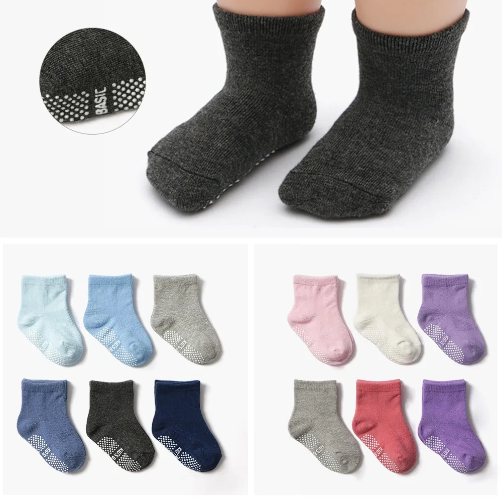 6 пар/лот хлопковые детские Нескользящие носки башмачки для мальчиков и девочек 0
