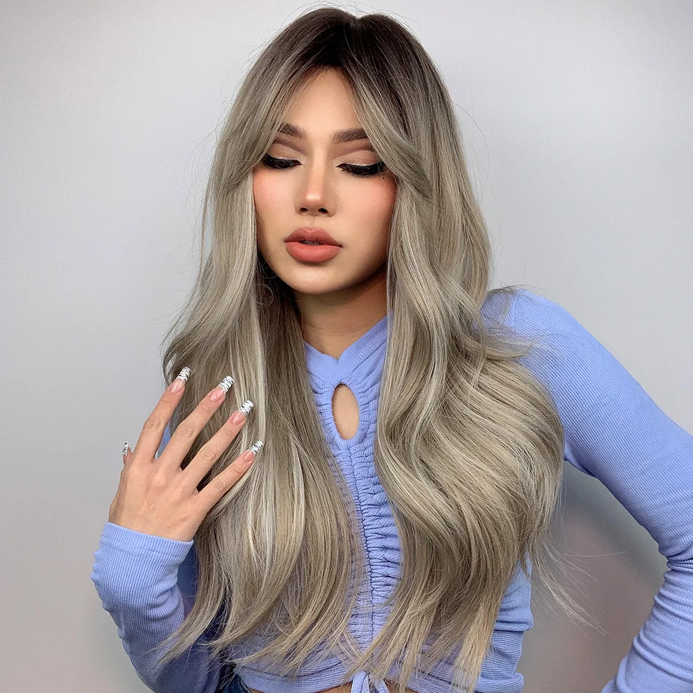 Длинный волнистый синтетический парик для женщин с боковой челкой Омбре серые