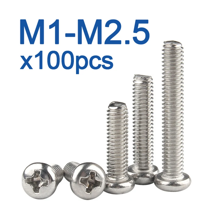 

100pcs/lot Cross Recessed PM Pan Round Head Screws M1.2 M1.4 M1.6 M2 M2.5 A2-70 Stainless Steel Phillips Machine Screw