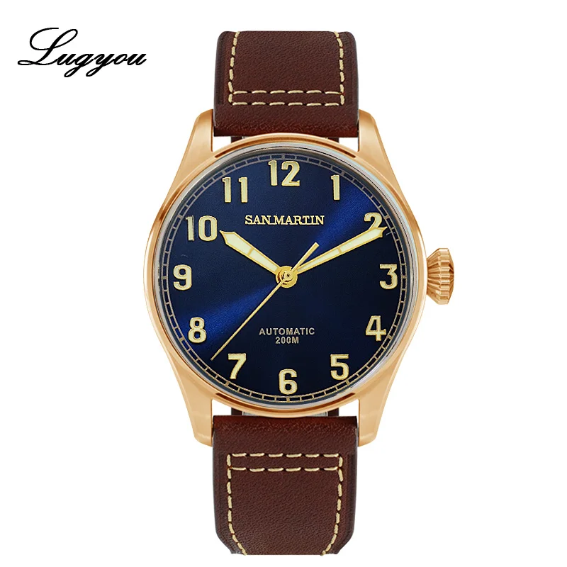 Blue SW200 LugyouSan Martin Ограниченная серия, Автоматические Мужские часы-пилот, мужские часы, Япония, оловянная бронза, скелет, задняя часть, Sunray SLN C3, светящиеся кожаные индексы - Цвет: Blue SW200