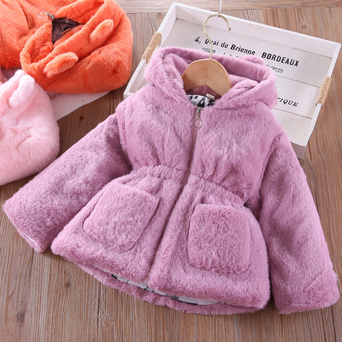 

Winter Girls Faux Fur Jacket Coat Cotton Parka Kids Clothing with Ear Hooded Children's Rabbit Cartoon Outerwear