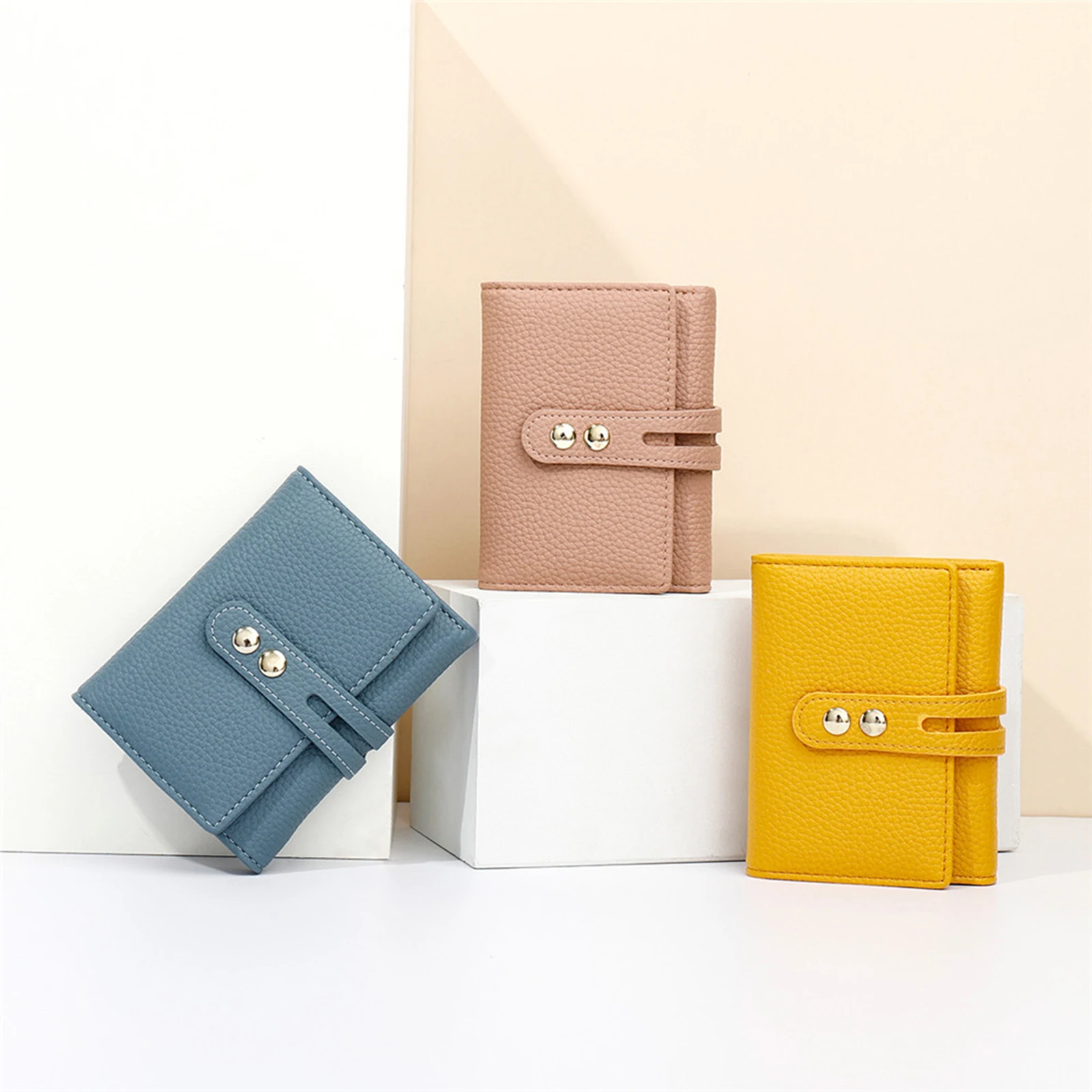 

Ladies Three-fold Short Wallet Girls Temperament Solid Color Lychee Print Zipper Purse Change ID Card Coin Pocket Card Holder