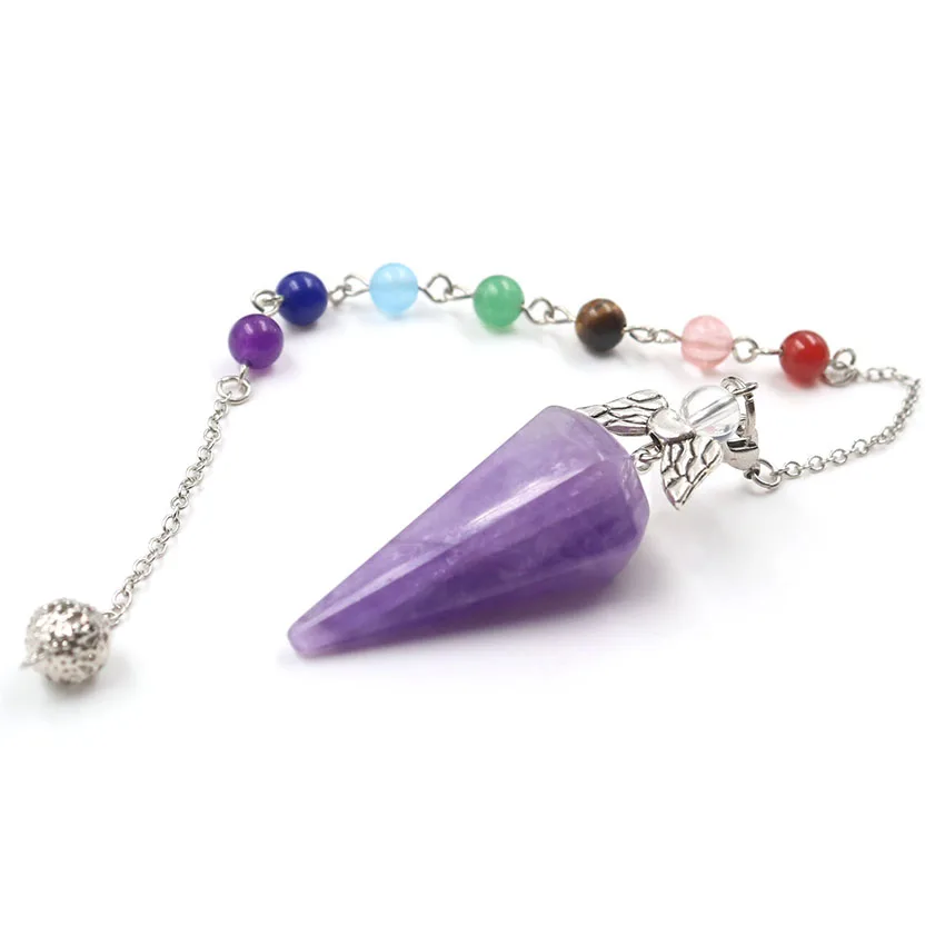 

Amethysts Stone Hexagon Pyramid Silver Plated Pendulum for Dowsing Pendant with Beads Chain Healing Chakra Jewelry