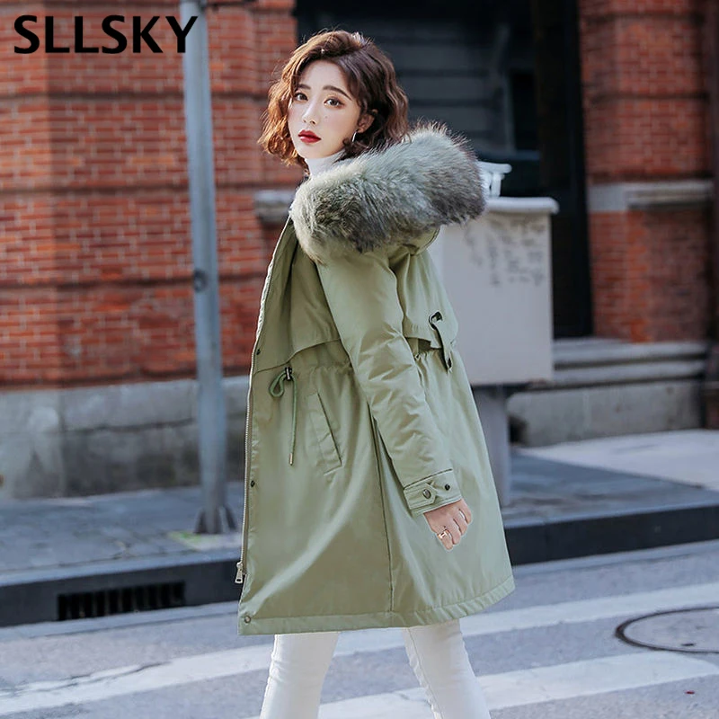 

sllsky Winter Women fleece inside parkas plus size thick warm mid-Long Hooded parkas Jackets fur Collar female padding parkas