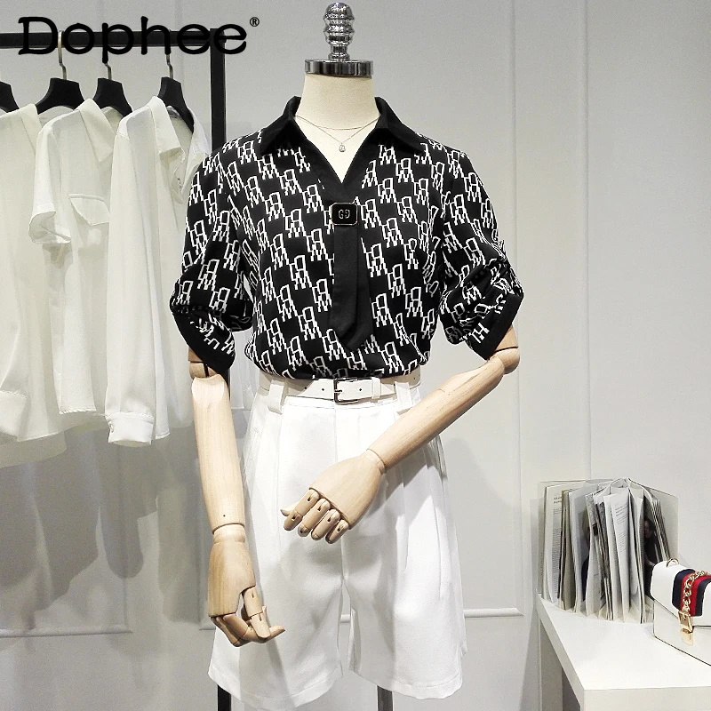

2021 Summer New Printed Shirt for Women Short Sleeve V-neck Elegant Blouse Retro Style Fashion Shirt Straight