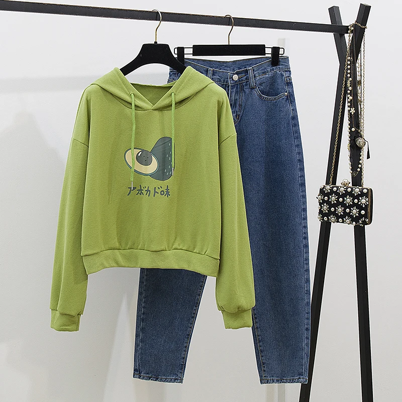 Осенние толстовки Свободный Топ с капюшоном джинсовые штаны новинка авокадо