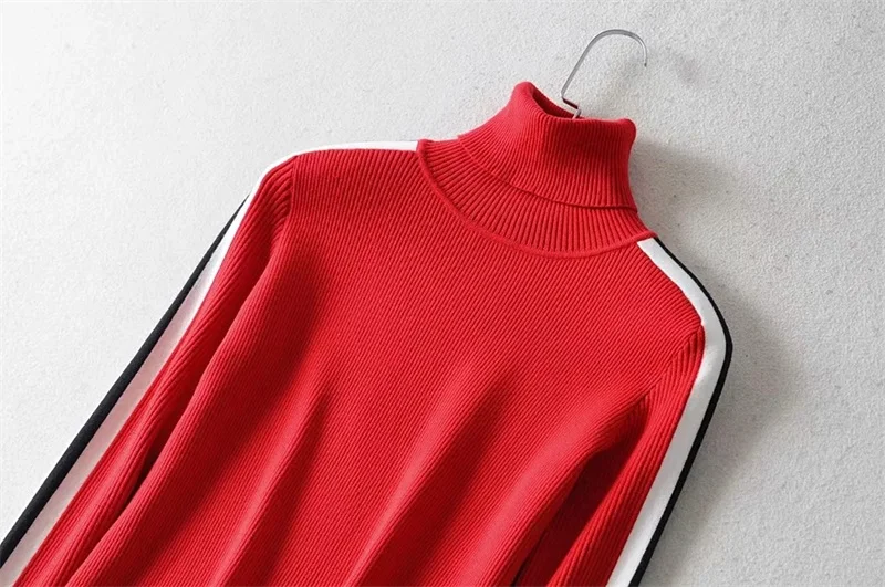 Women Roll Neck Fitted Knit Pullover With Contrast Stripe Sleeve Classic Teenage Girls' Sweater | Женская одежда