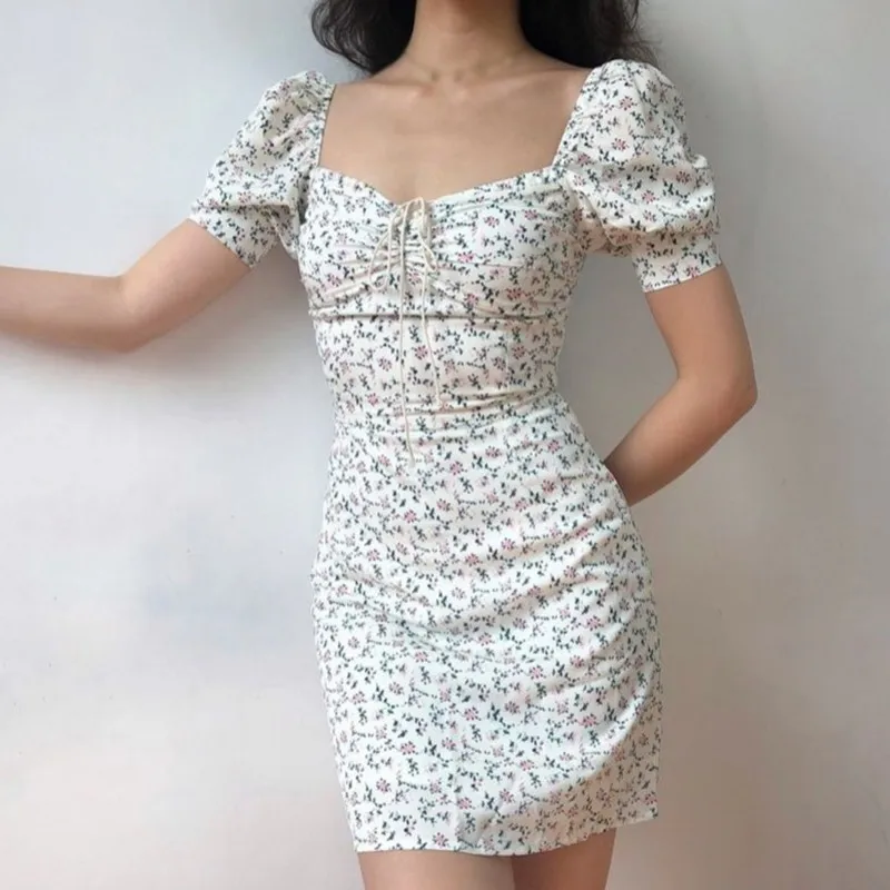 

ROPALIA Women Dresses Retro Floral Square Collar Backless Sexy Short Sleeve Knee-Length Chiffon Dress