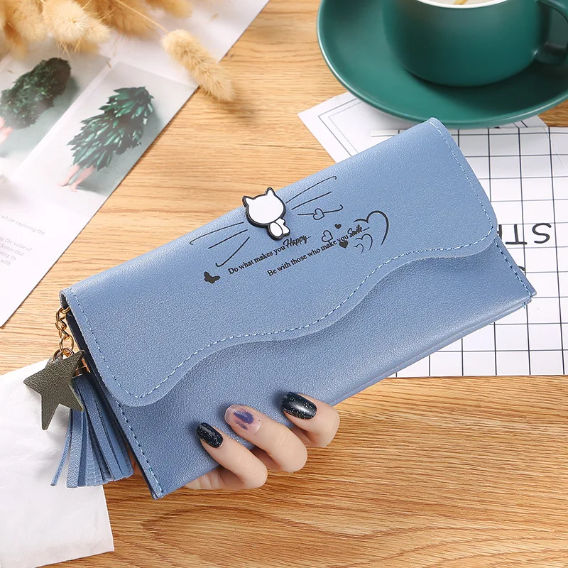 

New Cute PU Leather Cat Decoration Long/Short Multi-Card Purse Buckle Tassel Design Clutch Mobile Phone Student Women'S Wallet