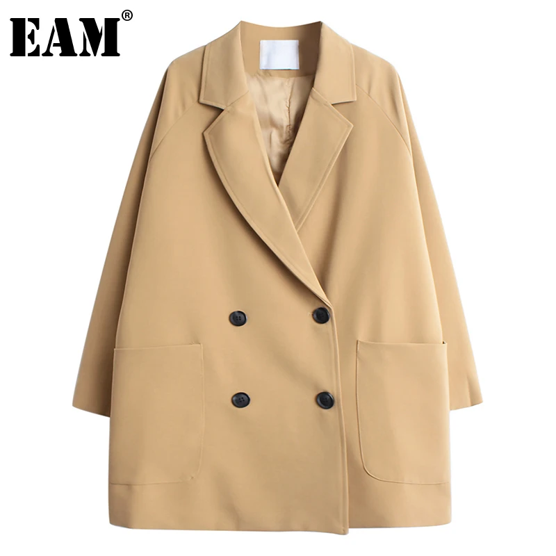 

[EAM] Women Apricot Big Size Double Breasted Blazer New Lapel Long Sleeve Loose Fit Jacket Fashion Spring Autumn 2022 1DE5921