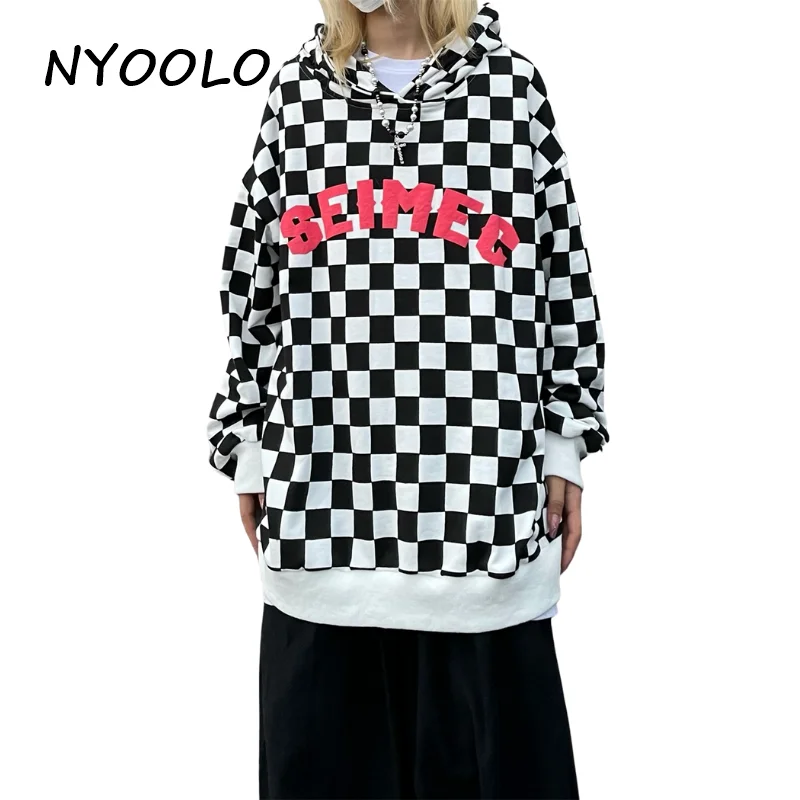 

Свитшот NYOOLO в стиле Харадзюку, лоскутный пуловер с длинным рукавом и принтом в клетку, с капюшоном, одежда для мужчин и женщин, Худи оверсайз ...