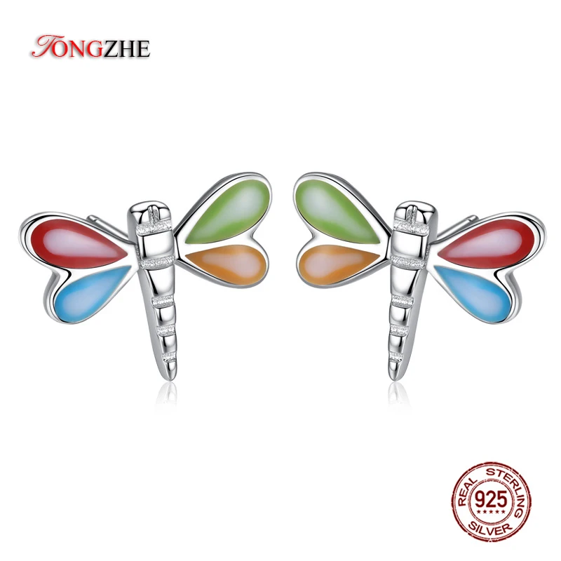 TONGZHE Dragonfly Earrings Women/men 925 Sterling Silver Stud Rainbow Cute Animal Flying Angel Wings Luxury Jewelry on - Ожерелье Dragonfly TONGZHE для женщин/мужчин из серебра 925 пробы с радужными крыльями ангела, красивым животным, летающим. Роскошное 