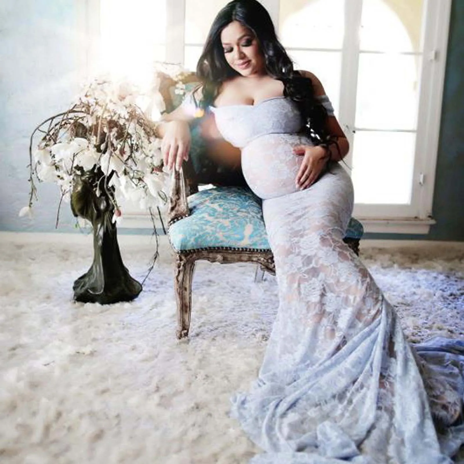 Dress Women Pregnant Photography Props Off Shoulder Sleeveless Maternity Maxi Pregnancy Clothes Vestidos платье Robe Femme | Мать и