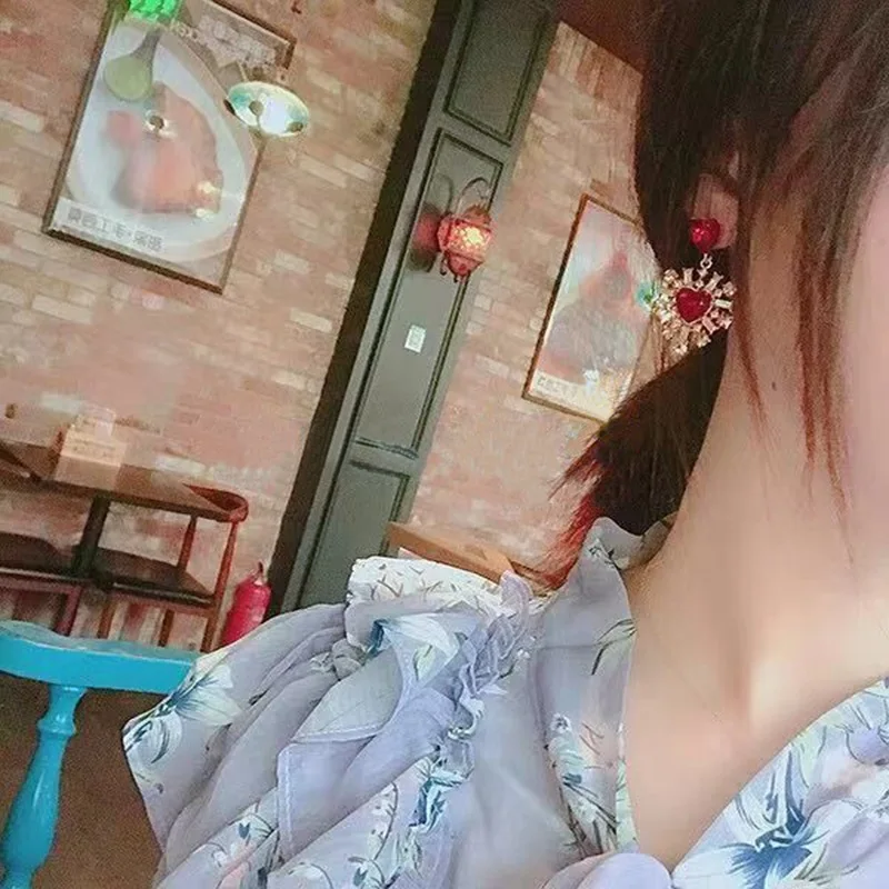 MENGJIQIAO новый корейский Блестящий Кристалл Сердце Длинные серьги Mujer Moda массивные