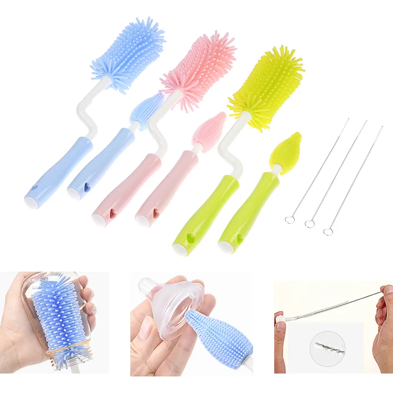 

3pcs 360 Degree Silicone Bottle Brush Rotation Baby Pacifier Cup Nipple Cleaning Hand-held Soft Head Of Cleaning Brush Set